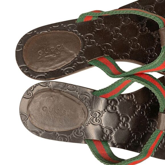 Gucci GG Web Stripe Thong Sandals EU 38.5 US 8.5 Brown Flip Flop Slide Flat Heel - Picture 8 of 13